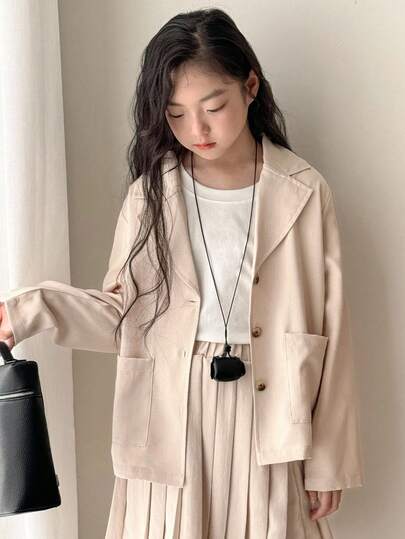 Genkimix Kids 2 件套女童休闲翻领西装外套和百褶裙套装，宽松长袖上衣和裙子，适合学校、工作、派对、韩式风格