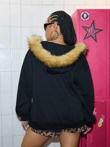 Paul Frank X ROMWE 大码 Kpop Y2K Baddie 字母和卡通图案撞色毛边连帽卫衣 - 黑色 - 查看 6