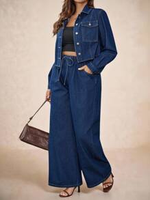 SHEIN Tall CURVE Plus Size 2PCS Women's Fall Autumn Back To School Homecoming Halloween Christmas Business Casual Woman Country Vintage Modest Old Money Business Casual Woman Work Clothes Teacher Outfits For Women Church Outfits WomenSolid Color Long Sleeve Top And Jeans Two Pieces Set Blue Wide Leg Jeans Button Up Shirt Women Denim Outfit Women