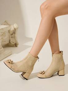 CUCCOO CHICEST Round Toe Block Heel Floral Patchwork Ankle Boots & Short Boots For Women - Apricot - View 4