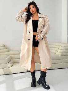 SHEIN EZwear 大码女式纯色翻领长袖双排扣休闲长款风衣外套，秋季 - 摩卡棕 - 查看 7