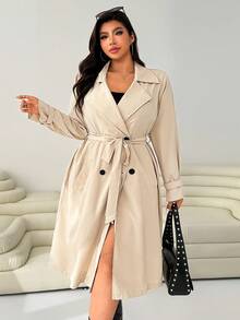 SHEIN EZwear 大码女式纯色翻领长袖双排扣休闲长款风衣外套，秋季 - 摩卡棕 - 查看 4