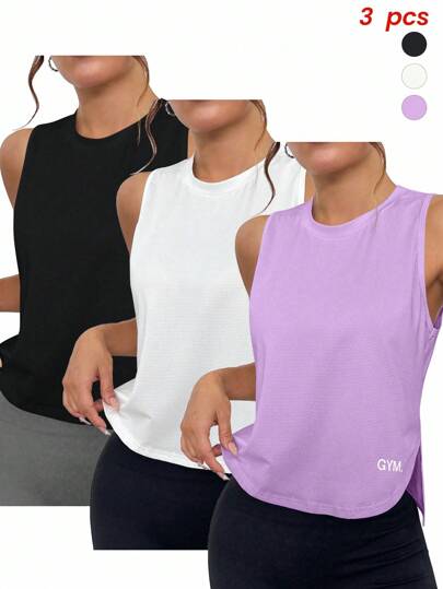 Easithlete 3 piezas Camisetas deportivas sin mangas con gráfico de letras casuales y versátiles para mujer, tops de entrenamiento de verano, tops de ejercicio para mujer, tops de ropa deportiva para mujer