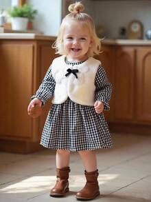SHEIN 2pcs Baby Girls Plaid Ruffle Hem Dress + Coral Fleece Vest With Bow Decor, Cute Sweet Fashion Outfit, Suitable For Spring & Autumn Fall Winter - Multicolor - View 1