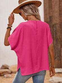 EMERY ROSE Women's Summer Solid Color Zipper Half Placket Batwing Short Sleeve Loose Blouse
