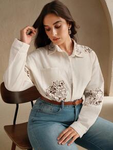 Anewsta 女式奢华刺绣水钻装饰白色牛仔夹克 - 杏色 - 查看 3