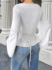 Selianne Women's Plain Minimalist Everyday Pleated Flare Sleeve Blouse Fall Cloth For Women - White - View 2