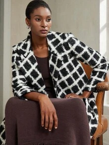 Aveloria Modichic Fashionable & Elegant Loose Plaid Woolen Coat, British Style Runway Look, Women Autumn/Winter Jacket - Black and White - View 6