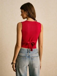 Poéselle Women's Crew Neck Solid Color Sleeveless Short Cardigan Knit Vest In Fall/Winter - Red - View 2