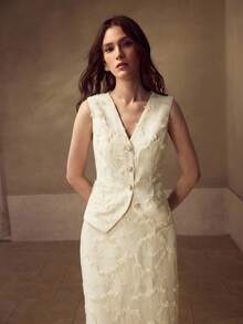 MOTF PREMIUM Bộ 2 món áo gi-lê họa tiết tua rua và chân váy xẻ - Màu be - Xem 4