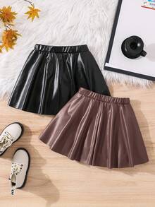 2 件套少女和少女 PU 半圆裙，适合日常休闲穿着 - 黑色 - 查看 2