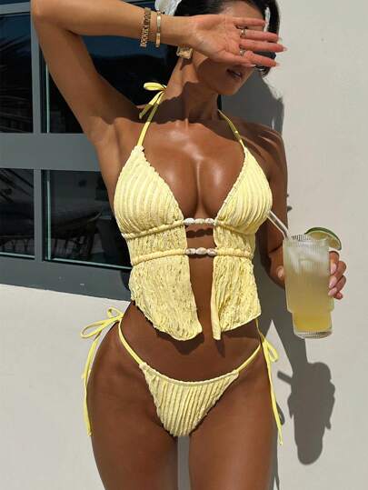 Bonvoyette Conjunto de bikini con parte superior tipo triángulo con cordón, espalda descubierta y de tela jacquard tipo verano en unicolor, sexy y lindo para playa, traje de baño separado para mujer