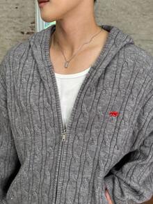 Manfinity VCAY 男士休闲连帽开衫针织毛衣，秋冬，麻花针织 - 淺灰色 - 查看 4