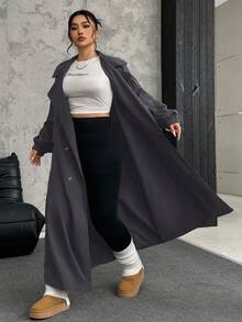 SHEIN EZwear Áo khoác dài tay cổ ve lật màu xám cỡ lớn cho nữ, mùa thu - Màu xám đen - Xem 6