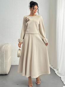DAZY Women's Autumn 3D Floral Sweatshirt And A-Line Skirt 2 Pieces Set - Apricot - View 5