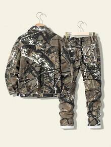 Tween Boys 两件套迷彩牛仔套装 - 时尚街头风格迷彩印花牛仔夹克和松紧腰直筒牛仔裤