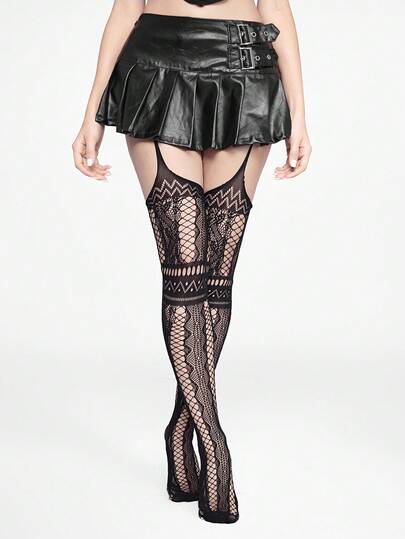 Grunge Punk زوج من جوارب معلقة أسود أحادي اللون بتصميم جريء وبسيط، جوارب شفافة بنمط هندسي، سراويل داخلية شفافة مرنة وخفيفة الوزن