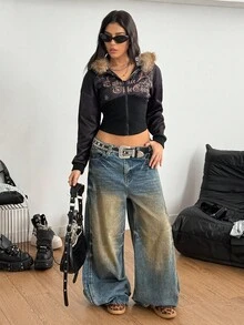 青少年秋冬连帽卫衣外套，毛茸茸的装饰连帽，胸前饰有水钻的复古印花，兼具柔软和凉爽，秋冬必备外套 - 黑色 - 查看 6