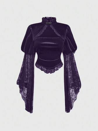 Goth Damen elegante Bluse mit Stehkragen, Glockenärmeln, Samt- und Spitzeneinsätzen