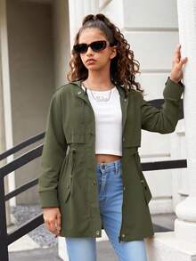 SHEIN 秋冬季青少年女孩休闲军绿色宽松连帽抽绳可调节腰部派克大衣 - 軍綠色 - 查看 5