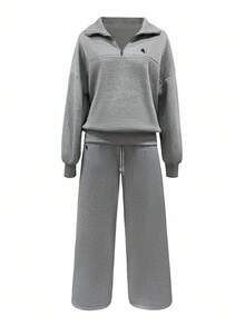 INAWLY 2件套女士刺绣灰色运动衫套装