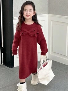 DAZY Young Girl Knitted Sweater Dress Fall, Winter - Red - View 7
