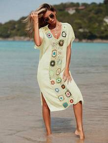 SHEIN Swim 女式钩针 V 领蝙蝠袖短袖宽松罩衫连衣裙，适合度假