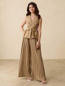 优雅两件套：卡其色休闲褶皱上衣和高腰褶皱长裤，适合少女穿着 - 卡其色 - 查看 1