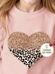 SHEIN Sweat-shirt-shirt à col rond ample et confortable en tricot épais à manches longues, imprimé de cœurs léopard, convenant aux jeunes filles. Idéal pour l'automne/l'hiver - Rose bonbon - Voir 5