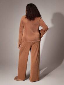 Lazeform Conjunto de pijama de 2 piezas con cuello plisado, lazo decorativo y puño, bajo con abertura y borde de lechuga, talla grande, ropa de otoño para mujer