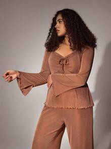 Lazeform Conjunto de pijama de 2 piezas con cuello plisado, lazo decorativo y puño, bajo con abertura y borde de lechuga, talla grande, ropa de otoño para mujer