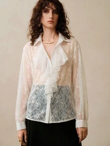 Arave Women's Loose Dropped Shoulder Lace Fabric Shirt Collar Placket Frill Decoration Autumn And Winter Inner Wear Retro French Elegant Romantic Date Long-Sleeved Shirt Fall Clothes For Women Fall Tops Classy Outfits For Women