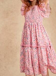 Robe casual élégante pour fille pré-adolescente, manches courtes style trapèze, col carré, robe fleurie à nœud, convient pour les sorties de printemps, été, automne, école - Rose bonbon - Voir 3