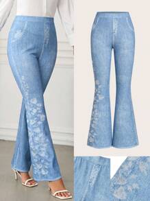 Ellevyn Women's Faux Denim Print Knit Elastic Waist Metallic Zipper Embroidered High Waist Elegant Casual Pants, Spring/Summer - Blue - View 1