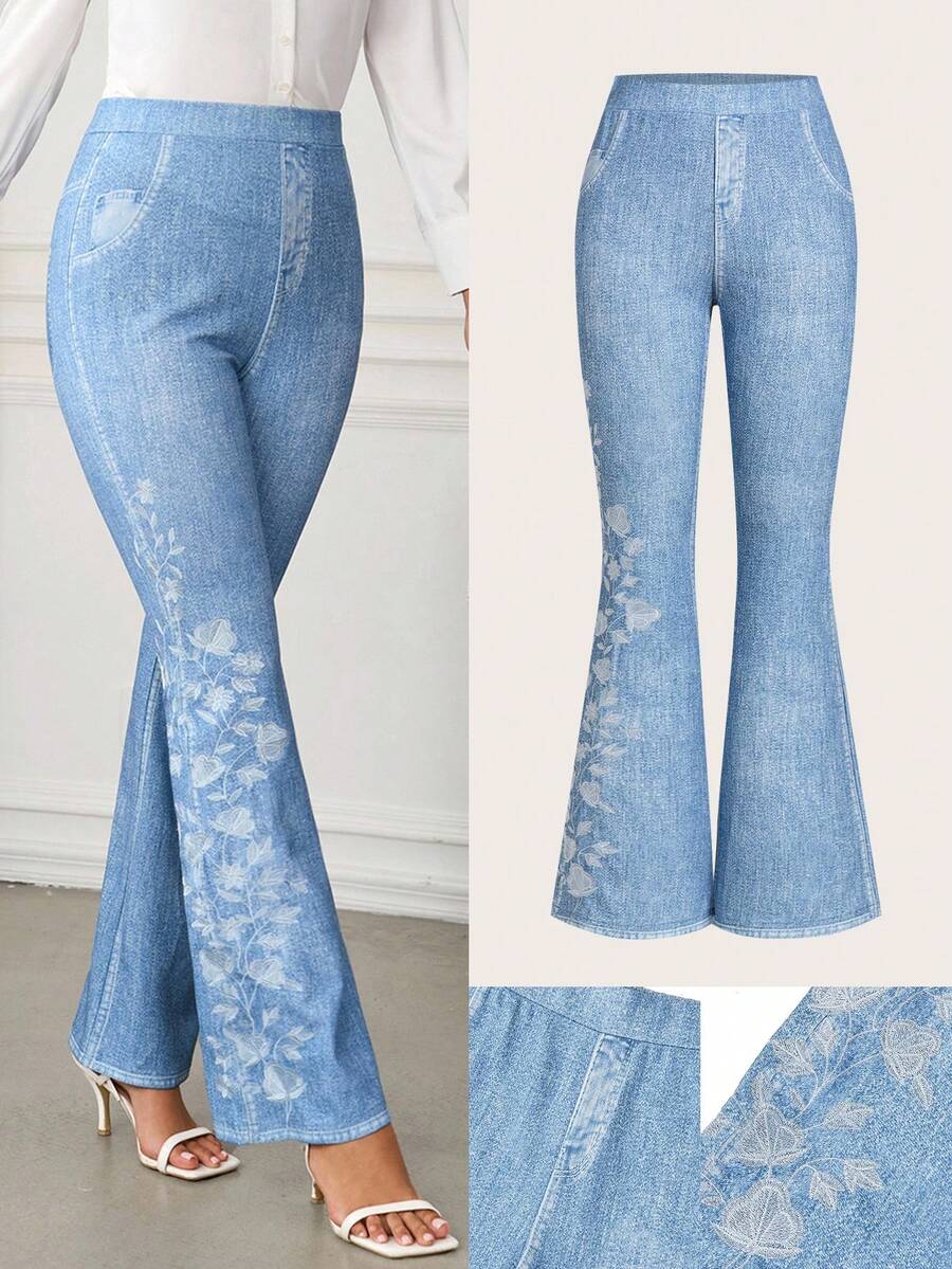 Ellevyn Women's Faux Denim Print Knit Elastic Waist Metallic Zipper Embroidered High Waist Elegant Casual Pants, Spring/Summer - Blue - View 1