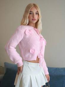 Selianne Women's New Autumn/Winter Round Neck Sweet Casual Bowknot Decor Drawstring Design Fitted Short Cardigan Top Fall For Women, Pink - Pink - View 4