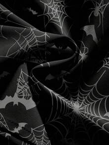 ROMWE Goth 哥特式蜘蛛网暗森风格黑色万圣节恐怖神秘蜘蛛满印女式 A 字裙 - 黑色 - 查看 4