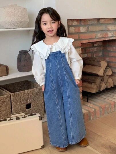 SHEIN x Tata & Beatriz DAZY 年轻女孩纽扣装饰宽松阔腿休闲牛仔连体裤