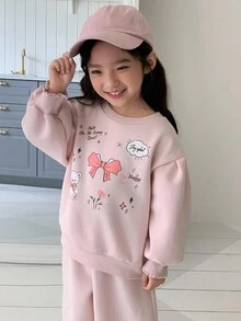 DAZY 2件套少女可爱印花保暖圆领卫衣和运动裤套装，秋季款 - 粉色 - 查看 4