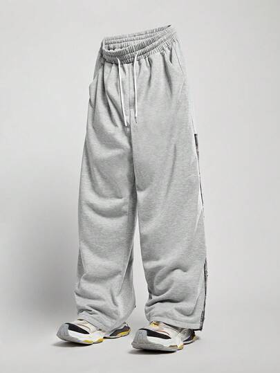 ROMWE MEN Street Life Men's Drawstring Waist Patchwork Plaid Pocket Wide Leg Pants, For Fall