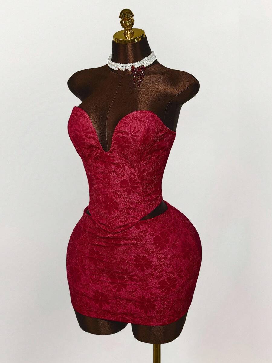 Amplova 2件套抹胸提花超低腰半身裙 - 紅色 - 查看 1