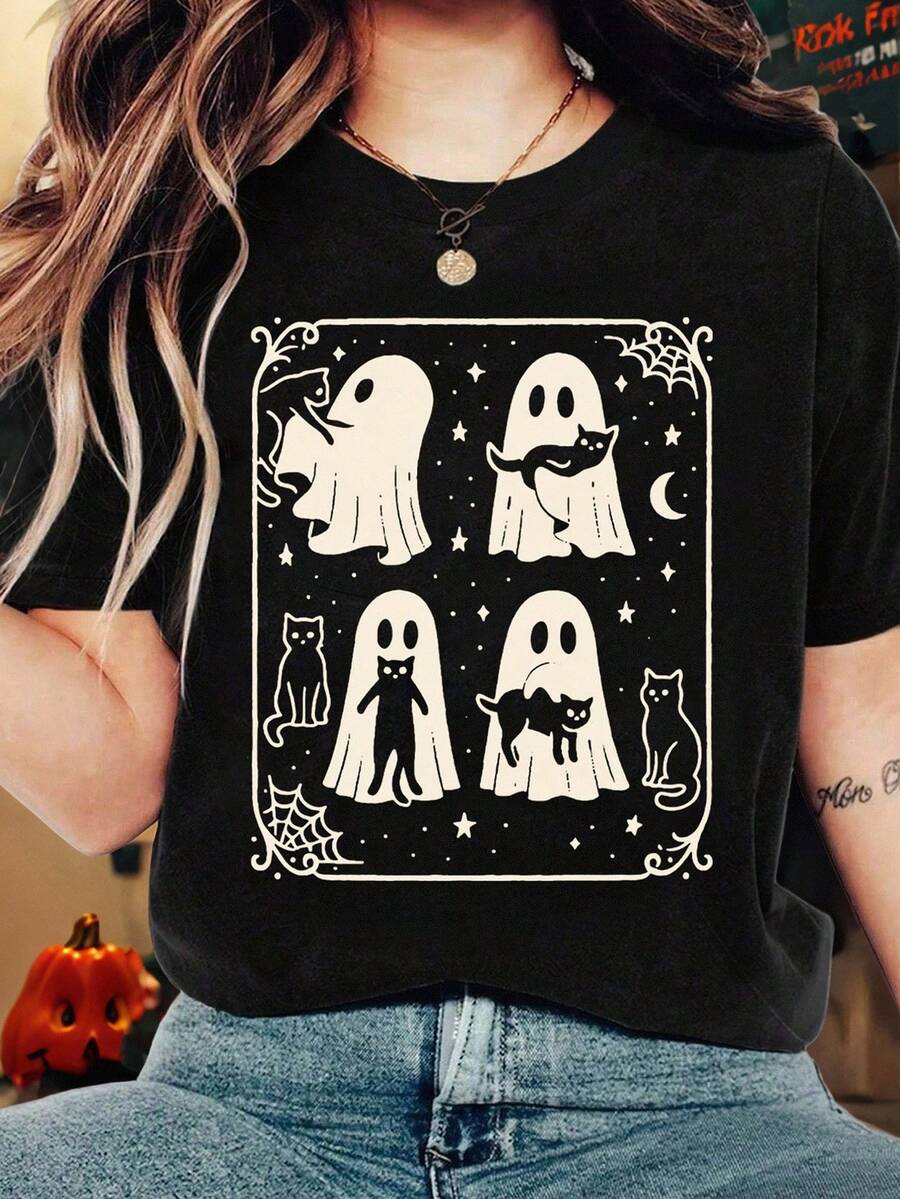 Plus Size Halloween Ghost Cat Print Short Sleeve T-Shirt, Suitable For Summer Outdoor Wear - Black - View 1