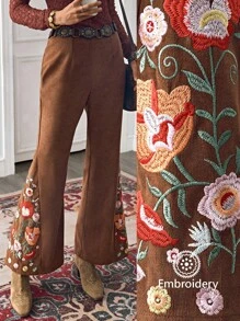 LanaWest Women's Western Casual Coffee Brown Embroidered Flare Pants, LanaWes Fall Cloth For Women