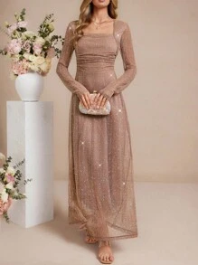 Amorya 女士方领长袖亮片针织修身优雅中长连衣裙，灰色/粉色，适合日常穿着、派对、春夏季 - 粉色 - 查看 5