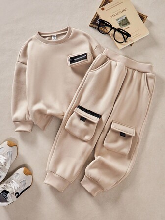 SHEIN Casuvi Kids Conjunto de 2 piezas para niños pequeños, sudadera térmica de punto y pantalón de chándal, con bolsillos con cremallera, vintage y de moda, adecuado para uso diario casual y deportivo
