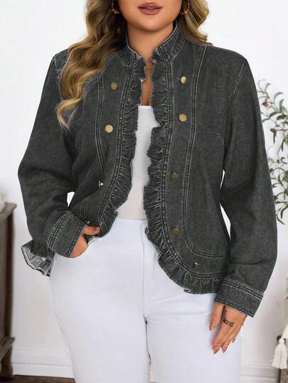 SHEIN 秋冬大码女式纯色水洗牛仔夹克