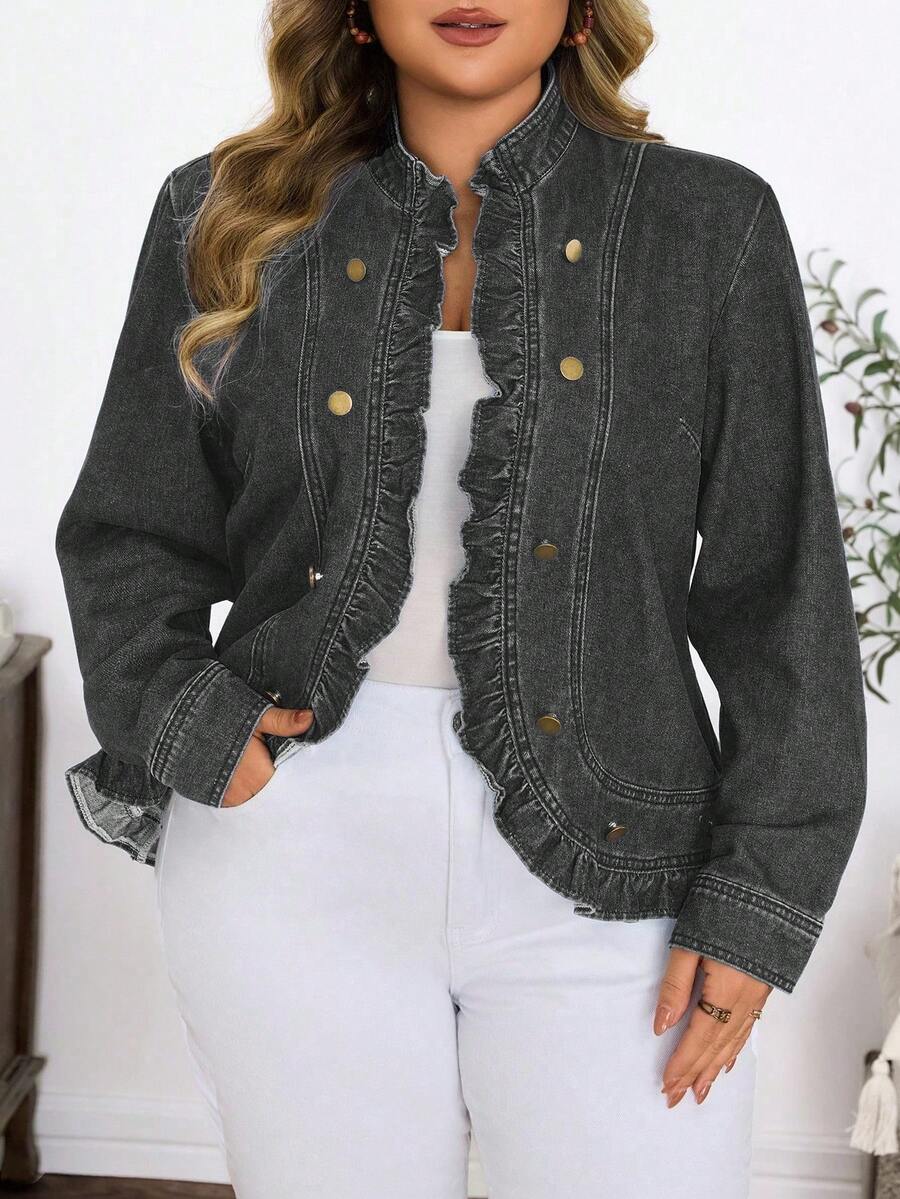 SHEIN Plus Size Women's Solid Color Washed Denim Jacket, Autumn/Winter - Grey - View 1