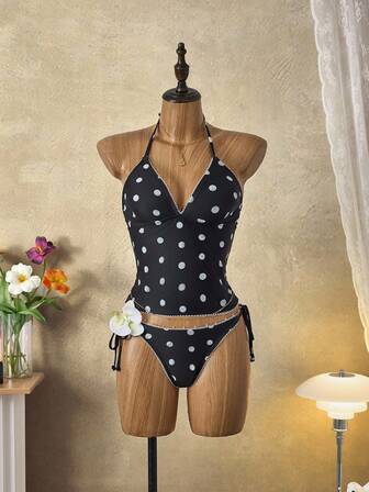 Bellisia Vintage Black & White Polka Dot Ruffled Triangle Cup Bikini Set