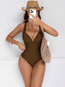 Shapewave Women's Brown Patchwork Push-Up Tummy Control One-Piece Swimsuit With Tying Straps, Backless Design, Elegant & Sexy For Party, Pool - Coffee Brown - View 5