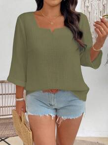 EMERY ROSE Plus Size Casual Solid Color Textured Shirt - Green - View 3